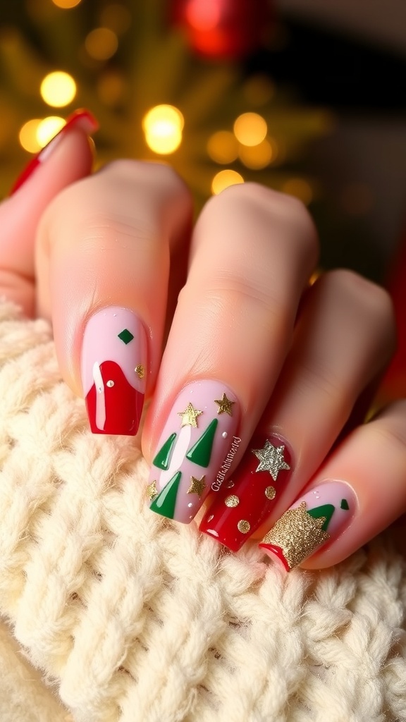 Short dip powder Christmas nails in red, green, and gold glitter, displayed with a festive background.